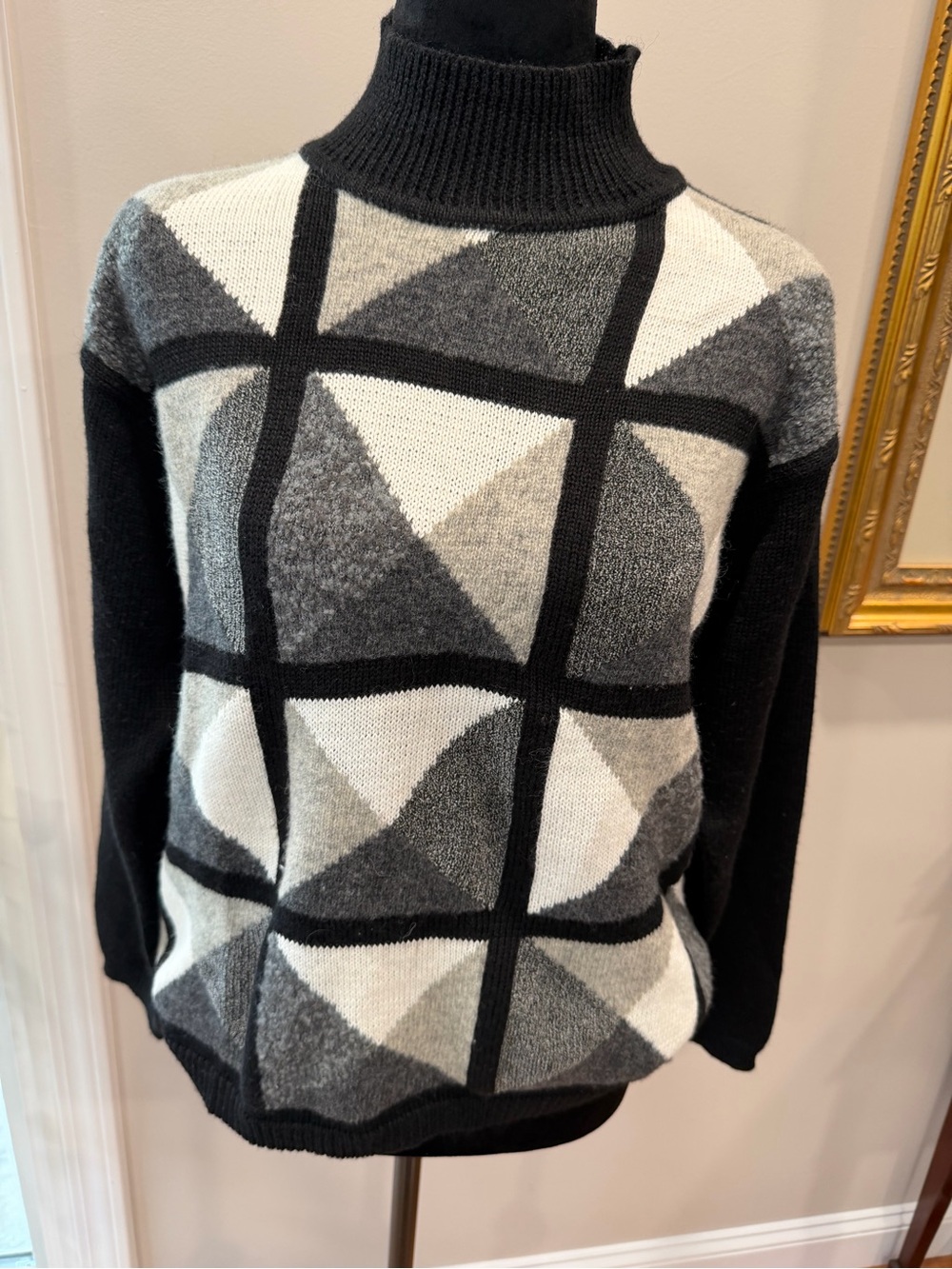 Dressbarn 1990s geometric black gray grid wool blend ladies mock neck sweater LG